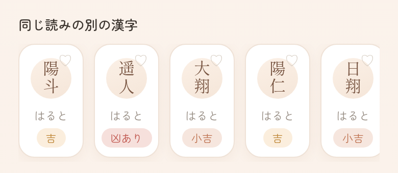 なまえむすびの名前詳細ページに表示される「同じ読みの別の漢字」欄。「陽翔(はると)」のページに、陽斗・遥人・大翔・陽仁・日翔と、それぞれの判定が並んでいる